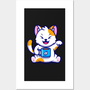 Cat and Coffee Kawaii Blue - Cute Posters and Art